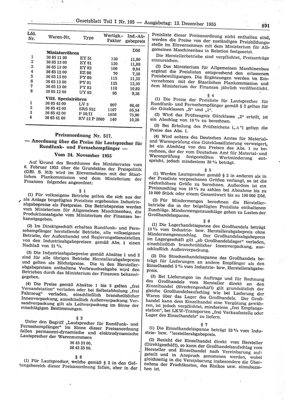 Gesetzblatt (GBl.) der Deutschen Demokratischen Republik (DDR) Teil Ⅰ 1955, Seite 891 (GBl. DDR Ⅰ 1955, S. 891)