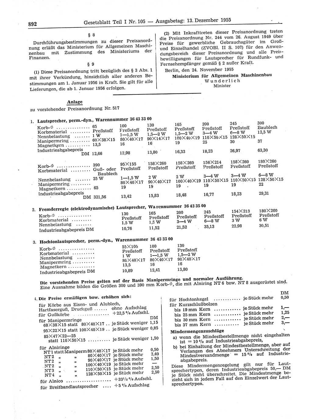 Gesetzblatt (GBl.) der Deutschen Demokratischen Republik (DDR) Teil Ⅰ 1955, Seite 892 (GBl. DDR Ⅰ 1955, S. 892)