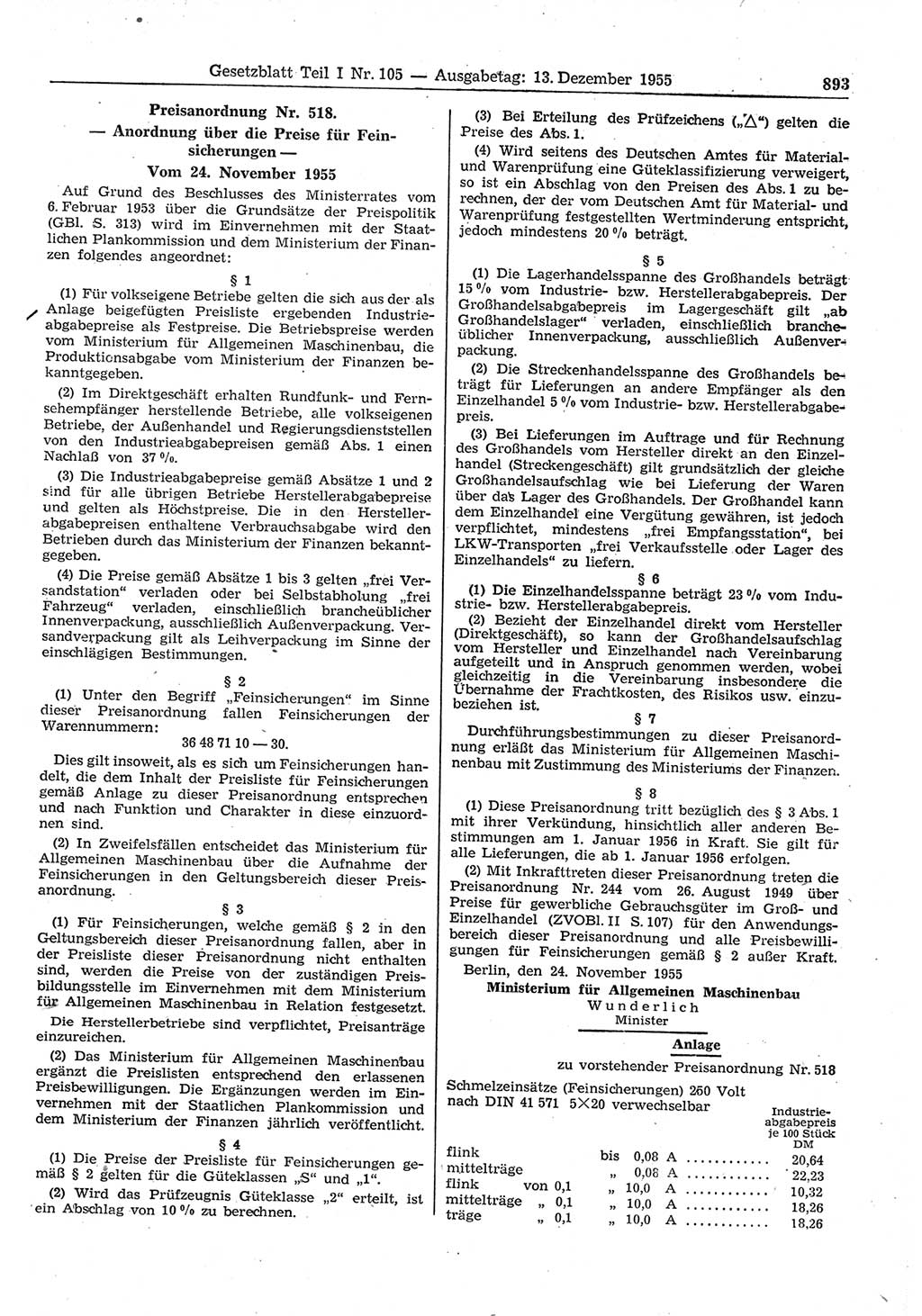 Gesetzblatt (GBl.) der Deutschen Demokratischen Republik (DDR) Teil Ⅰ 1955, Seite 893 (GBl. DDR Ⅰ 1955, S. 893)