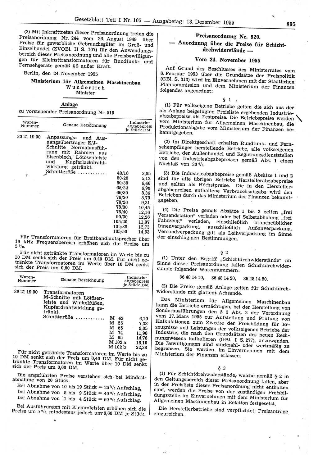 Gesetzblatt (GBl.) der Deutschen Demokratischen Republik (DDR) Teil Ⅰ 1955, Seite 895 (GBl. DDR Ⅰ 1955, S. 895)
