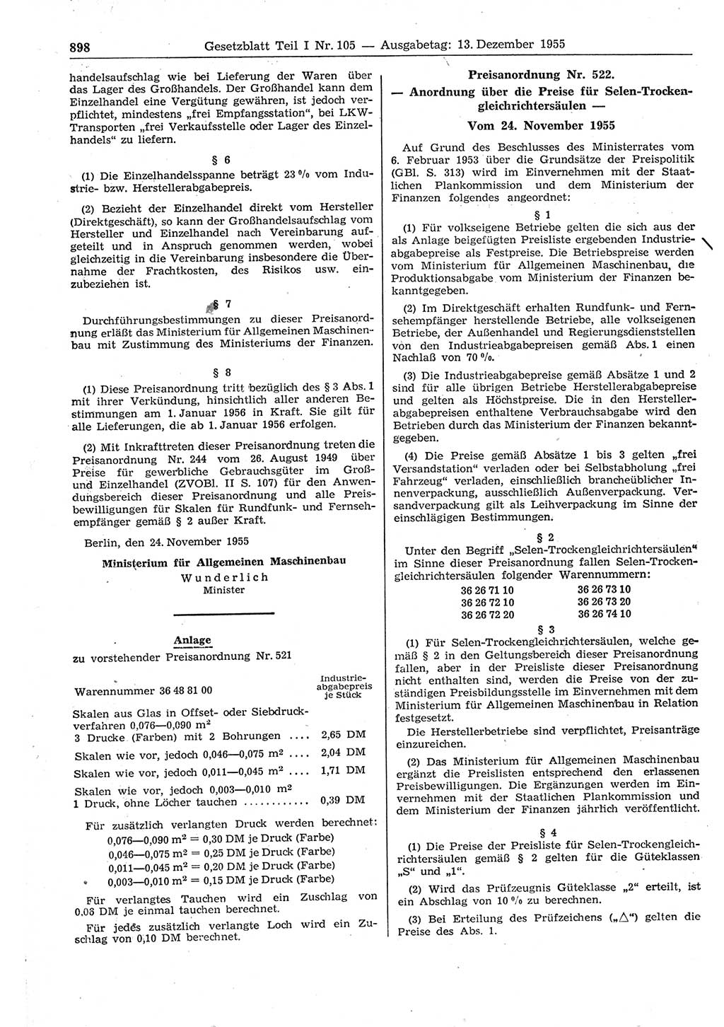 Gesetzblatt (GBl.) der Deutschen Demokratischen Republik (DDR) Teil Ⅰ 1955, Seite 898 (GBl. DDR Ⅰ 1955, S. 898)