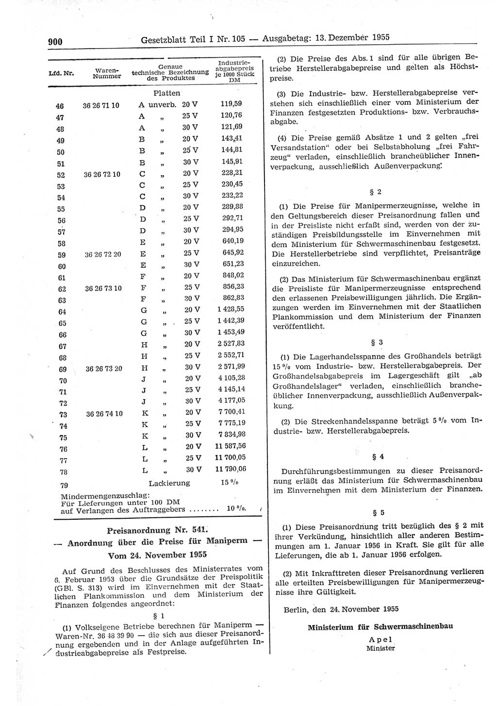 Gesetzblatt (GBl.) der Deutschen Demokratischen Republik (DDR) Teil Ⅰ 1955, Seite 900 (GBl. DDR Ⅰ 1955, S. 900)