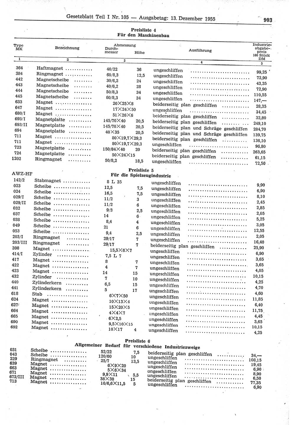 Gesetzblatt (GBl.) der Deutschen Demokratischen Republik (DDR) Teil Ⅰ 1955, Seite 903 (GBl. DDR Ⅰ 1955, S. 903)