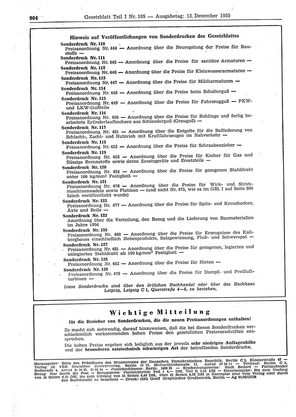 Gesetzblatt (GBl.) der Deutschen Demokratischen Republik (DDR) Teil Ⅰ 1955, Seite 904 (GBl. DDR Ⅰ 1955, S. 904)