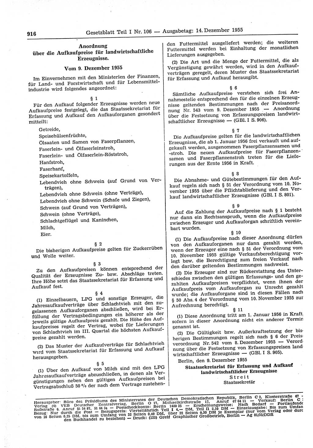 Gesetzblatt (GBl.) der Deutschen Demokratischen Republik (DDR) Teil Ⅰ 1955, Seite 916 (GBl. DDR Ⅰ 1955, S. 916)