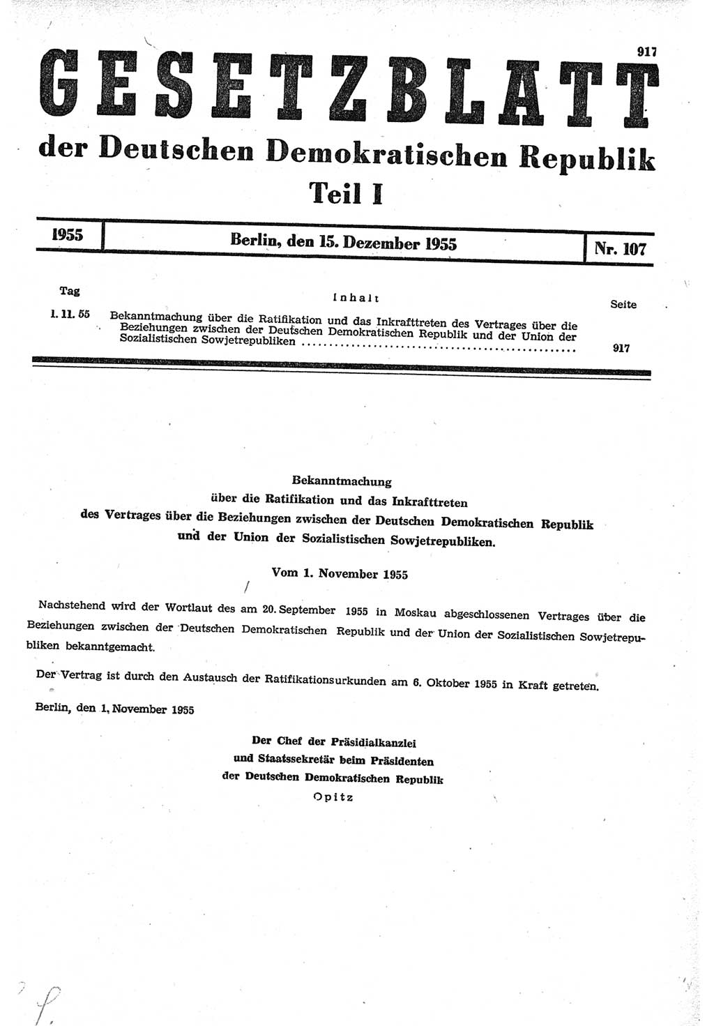 Gesetzblatt (GBl.) der Deutschen Demokratischen Republik (DDR) Teil Ⅰ 1955, Seite 917 (GBl. DDR Ⅰ 1955, S. 917)