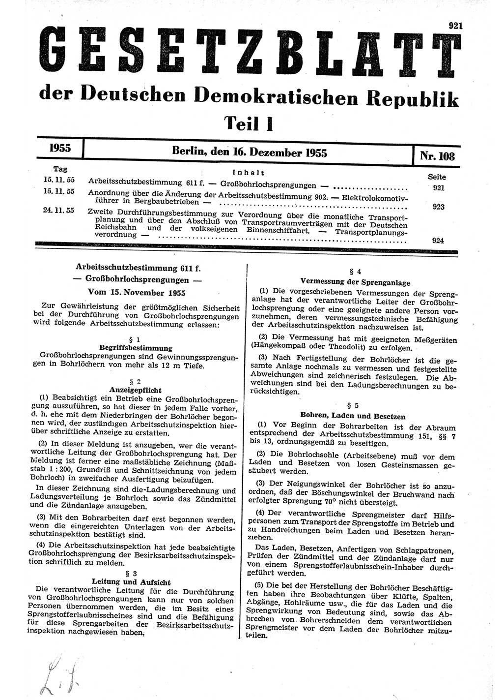 Gesetzblatt (GBl.) der Deutschen Demokratischen Republik (DDR) Teil Ⅰ 1955, Seite 921 (GBl. DDR Ⅰ 1955, S. 921)