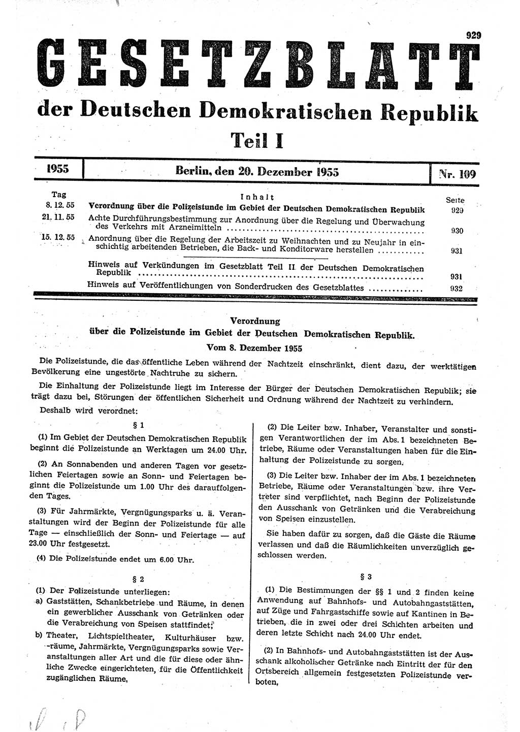 Gesetzblatt (GBl.) der Deutschen Demokratischen Republik (DDR) Teil Ⅰ 1955, Seite 929 (GBl. DDR Ⅰ 1955, S. 929)