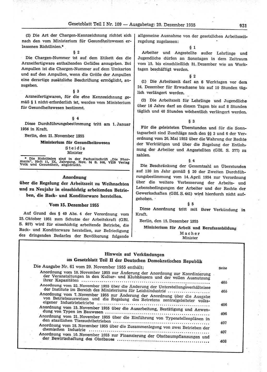 Gesetzblatt (GBl.) der Deutschen Demokratischen Republik (DDR) Teil Ⅰ 1955, Seite 931 (GBl. DDR Ⅰ 1955, S. 931)