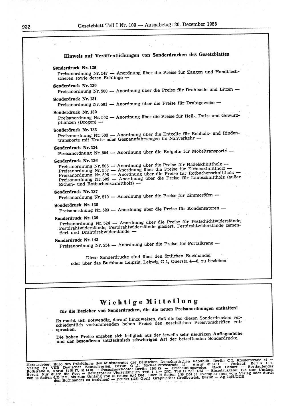 Gesetzblatt (GBl.) der Deutschen Demokratischen Republik (DDR) Teil Ⅰ 1955, Seite 932 (GBl. DDR Ⅰ 1955, S. 932)