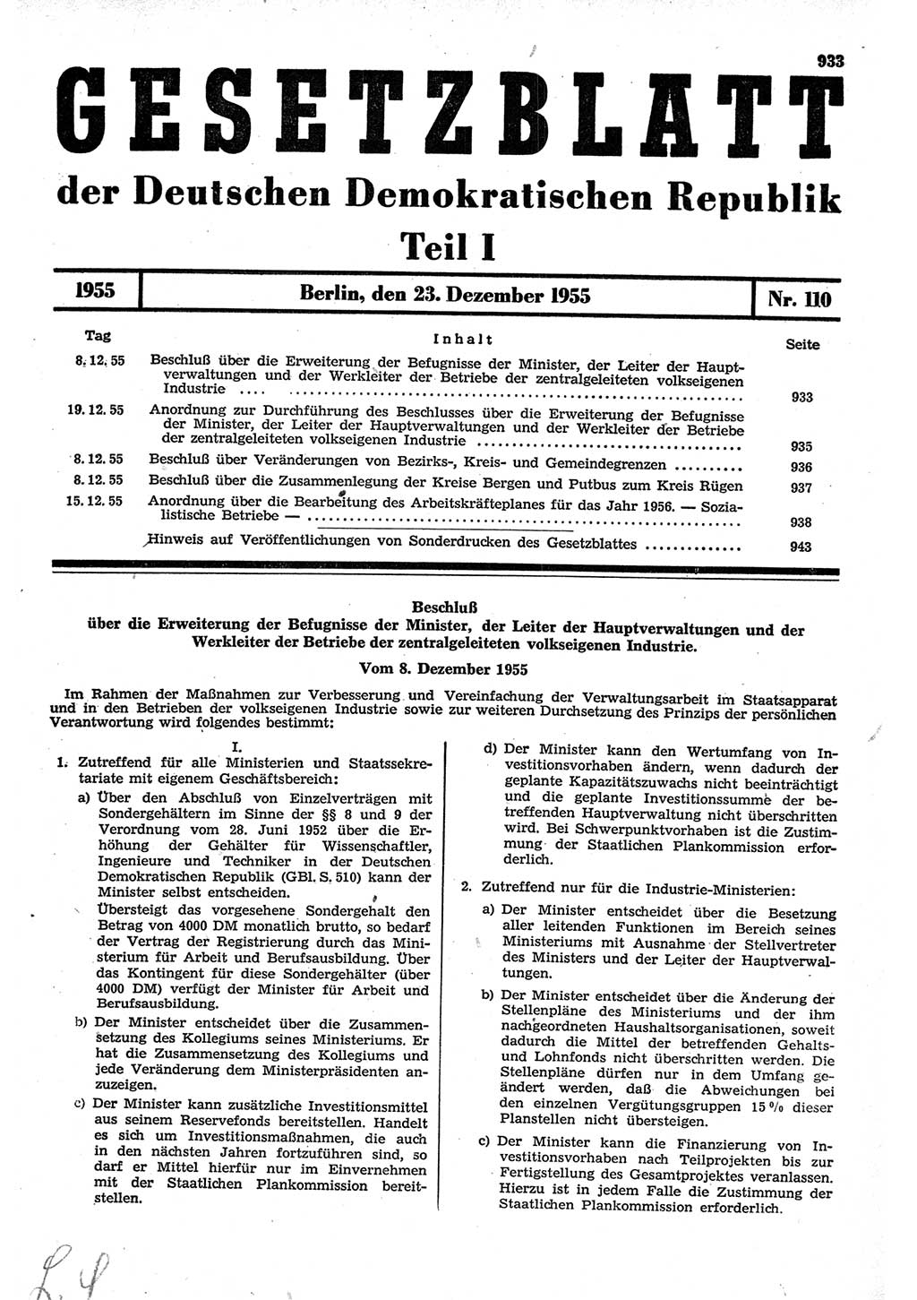 Gesetzblatt (GBl.) der Deutschen Demokratischen Republik (DDR) Teil Ⅰ 1955, Seite 933 (GBl. DDR Ⅰ 1955, S. 933)