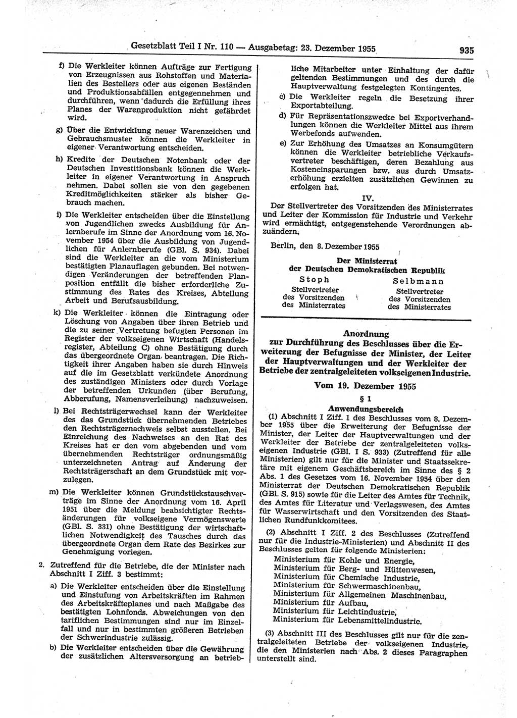 Gesetzblatt (GBl.) der Deutschen Demokratischen Republik (DDR) Teil Ⅰ 1955, Seite 935 (GBl. DDR Ⅰ 1955, S. 935)