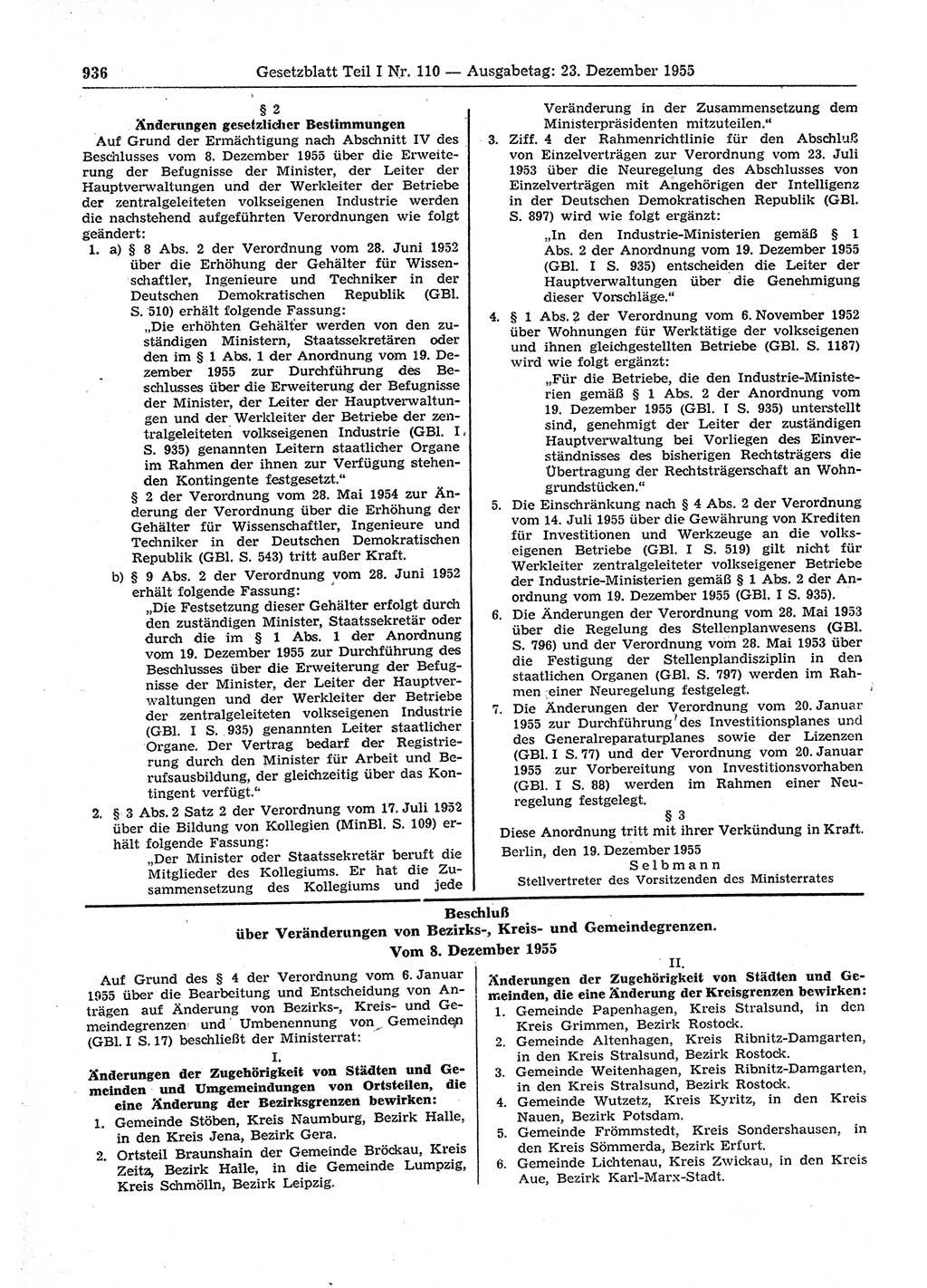 Gesetzblatt (GBl.) der Deutschen Demokratischen Republik (DDR) Teil Ⅰ 1955, Seite 936 (GBl. DDR Ⅰ 1955, S. 936)