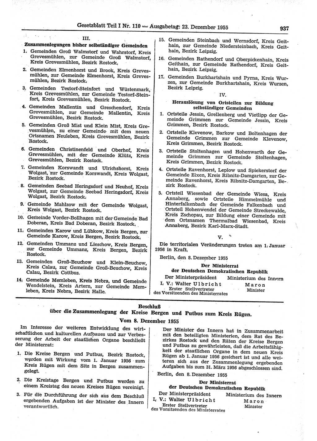 Gesetzblatt (GBl.) der Deutschen Demokratischen Republik (DDR) Teil Ⅰ 1955, Seite 937 (GBl. DDR Ⅰ 1955, S. 937)