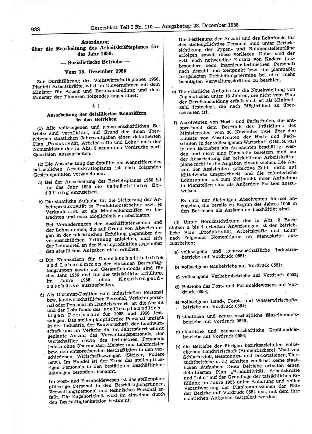 Gesetzblatt (GBl.) der Deutschen Demokratischen Republik (DDR) Teil Ⅰ 1955, Seite 938 (GBl. DDR Ⅰ 1955, S. 938)