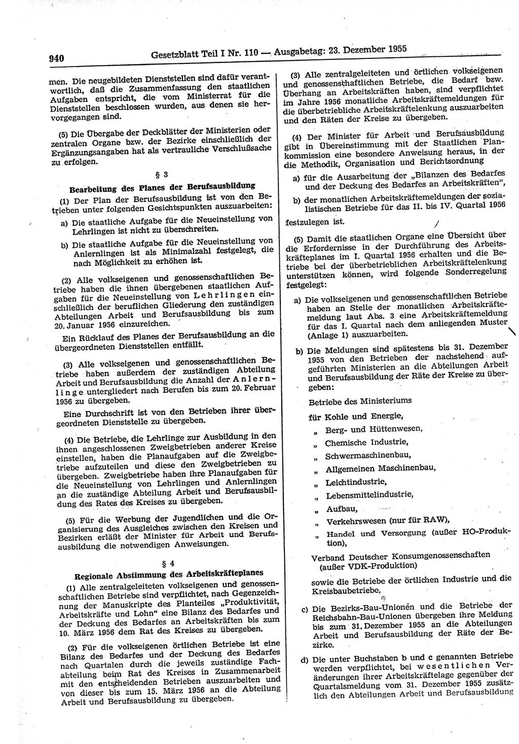 Gesetzblatt (GBl.) der Deutschen Demokratischen Republik (DDR) Teil Ⅰ 1955, Seite 940 (GBl. DDR Ⅰ 1955, S. 940)