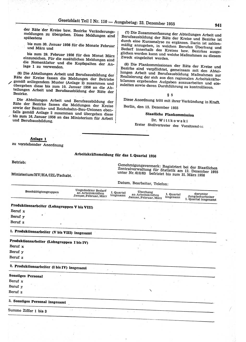 Gesetzblatt (GBl.) der Deutschen Demokratischen Republik (DDR) Teil Ⅰ 1955, Seite 941 (GBl. DDR Ⅰ 1955, S. 941)