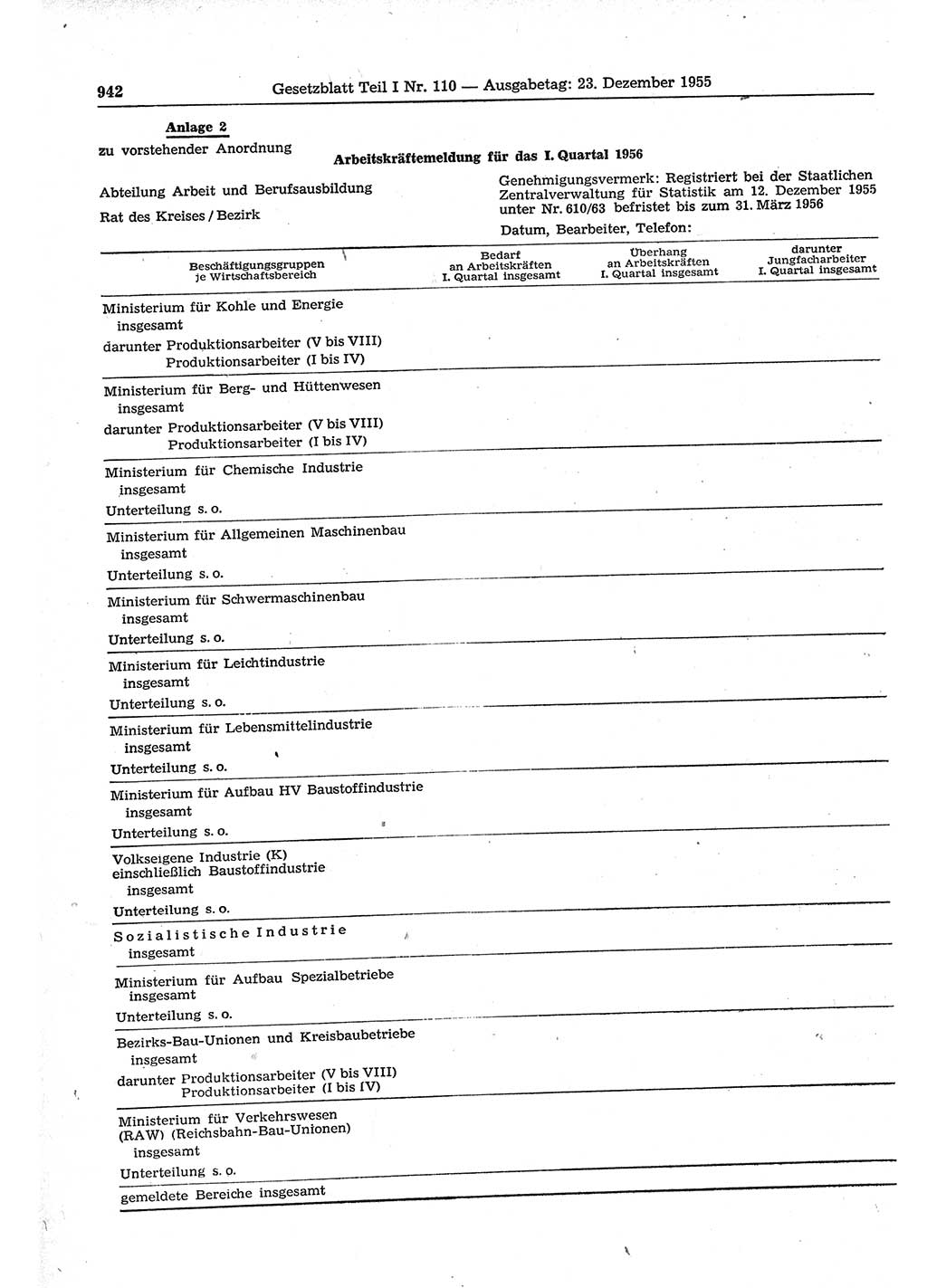 Gesetzblatt (GBl.) der Deutschen Demokratischen Republik (DDR) Teil Ⅰ 1955, Seite 942 (GBl. DDR Ⅰ 1955, S. 942)
