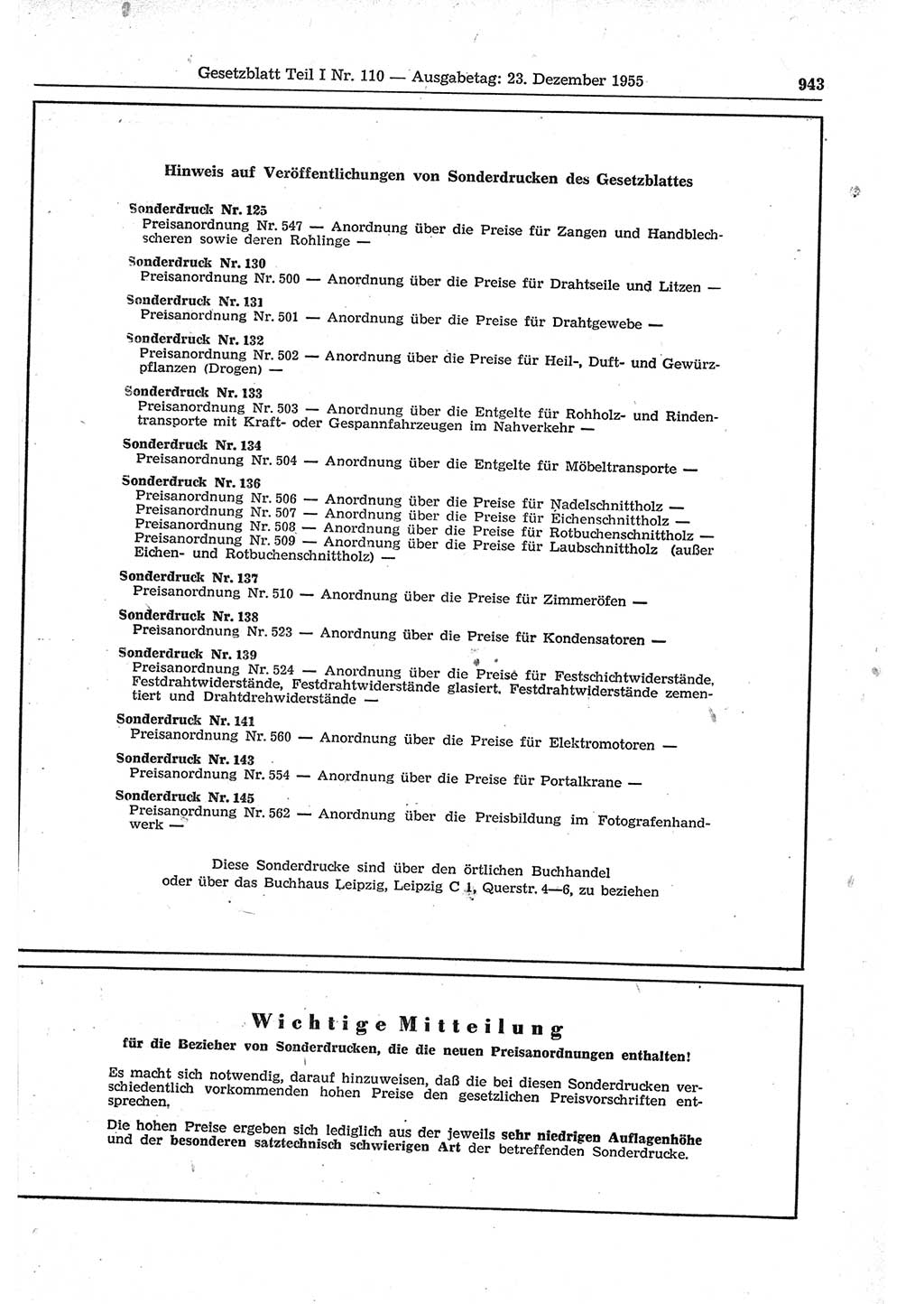 Gesetzblatt (GBl.) der Deutschen Demokratischen Republik (DDR) Teil Ⅰ 1955, Seite 943 (GBl. DDR Ⅰ 1955, S. 943)