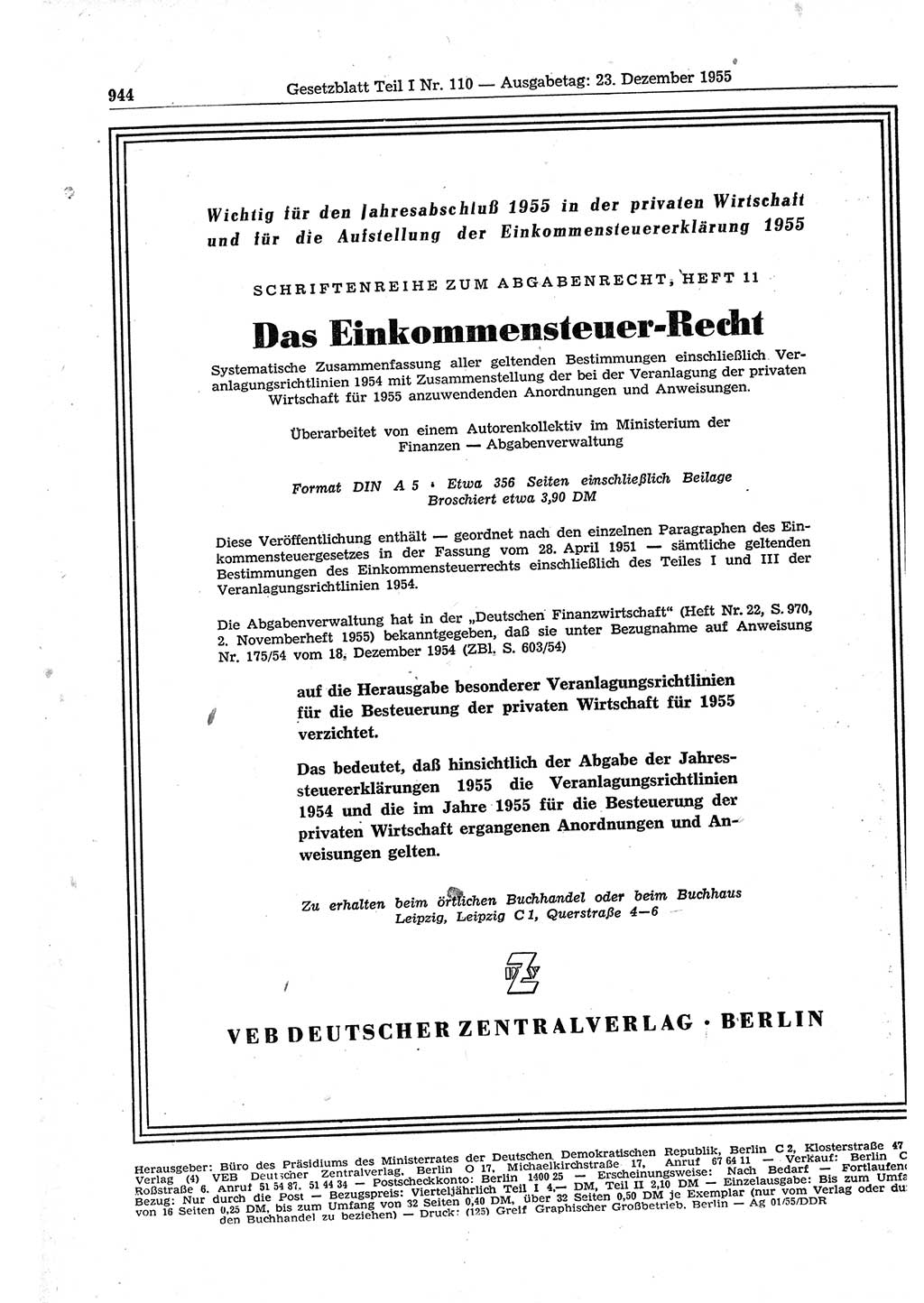 Gesetzblatt (GBl.) der Deutschen Demokratischen Republik (DDR) Teil Ⅰ 1955, Seite 944 (GBl. DDR Ⅰ 1955, S. 944)