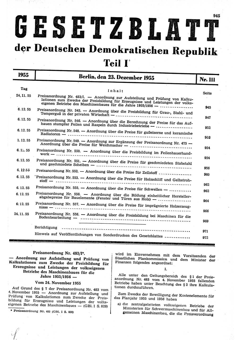 Gesetzblatt (GBl.) der Deutschen Demokratischen Republik (DDR) Teil Ⅰ 1955, Seite 945 (GBl. DDR Ⅰ 1955, S. 945)