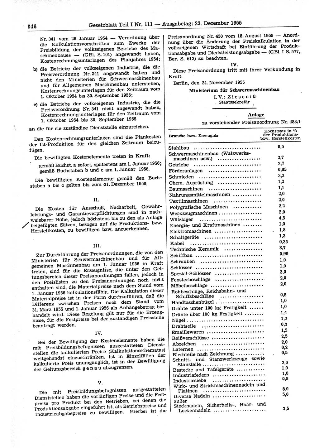 Gesetzblatt (GBl.) der Deutschen Demokratischen Republik (DDR) Teil Ⅰ 1955, Seite 946 (GBl. DDR Ⅰ 1955, S. 946)