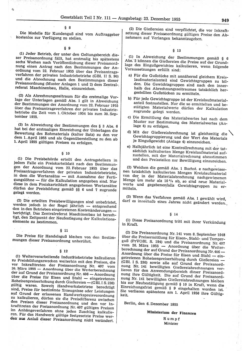 Gesetzblatt (GBl.) der Deutschen Demokratischen Republik (DDR) Teil Ⅰ 1955, Seite 949 (GBl. DDR Ⅰ 1955, S. 949)