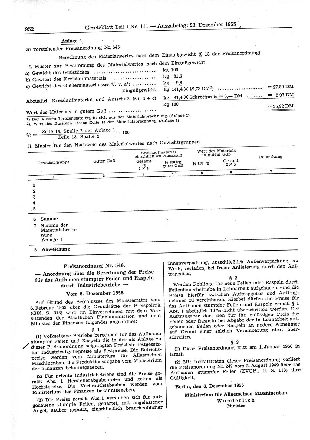 Gesetzblatt (GBl.) der Deutschen Demokratischen Republik (DDR) Teil Ⅰ 1955, Seite 952 (GBl. DDR Ⅰ 1955, S. 952)