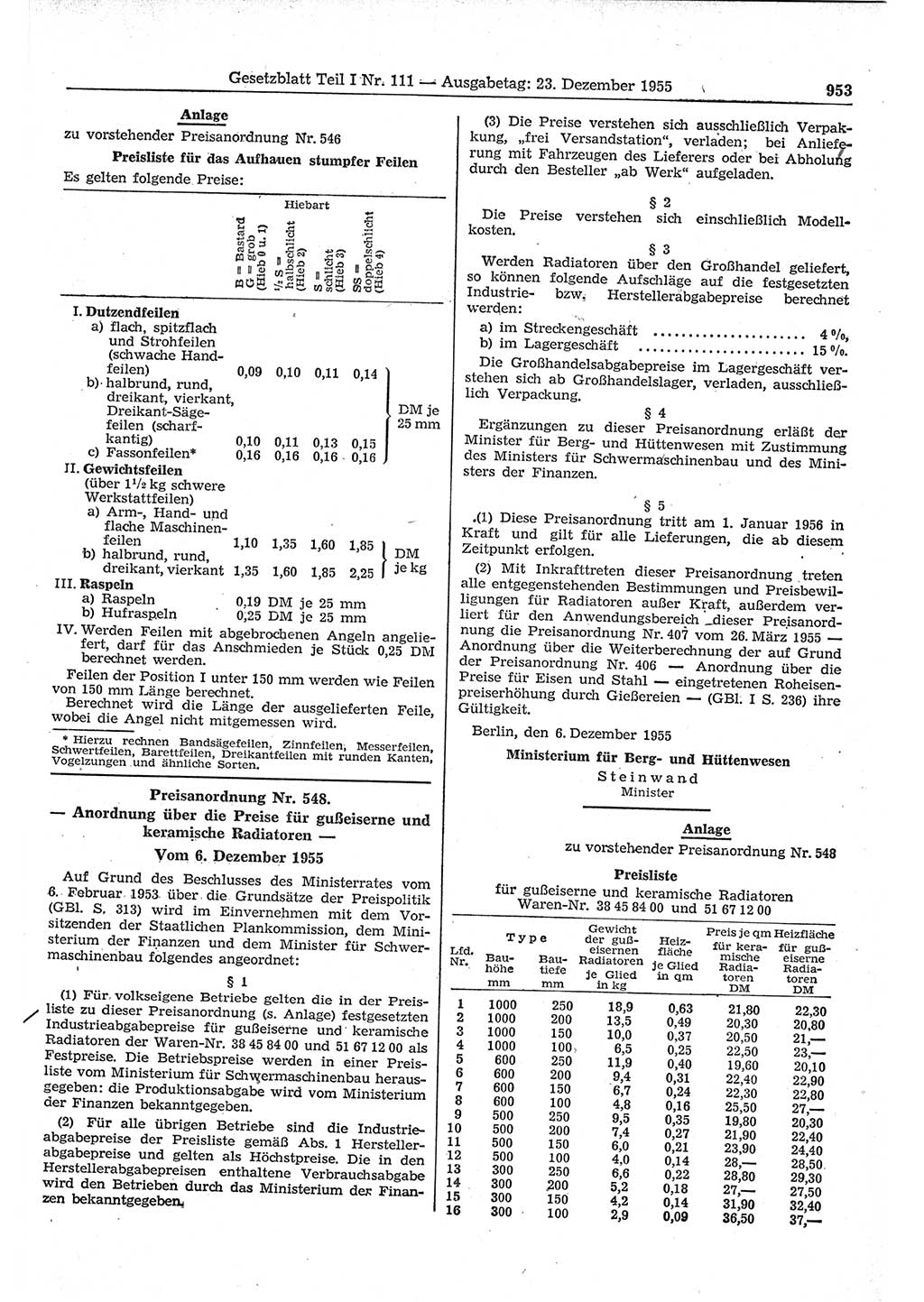 Gesetzblatt (GBl.) der Deutschen Demokratischen Republik (DDR) Teil Ⅰ 1955, Seite 953 (GBl. DDR Ⅰ 1955, S. 953)