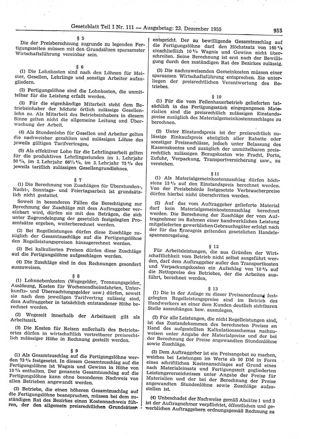 Gesetzblatt (GBl.) der Deutschen Demokratischen Republik (DDR) Teil Ⅰ 1955, Seite 955 (GBl. DDR Ⅰ 1955, S. 955)