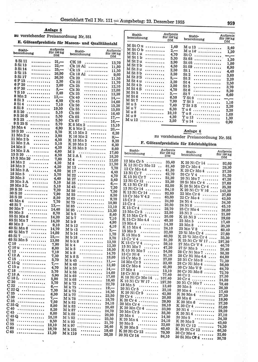 Gesetzblatt (GBl.) der Deutschen Demokratischen Republik (DDR) Teil Ⅰ 1955, Seite 959 (GBl. DDR Ⅰ 1955, S. 959)