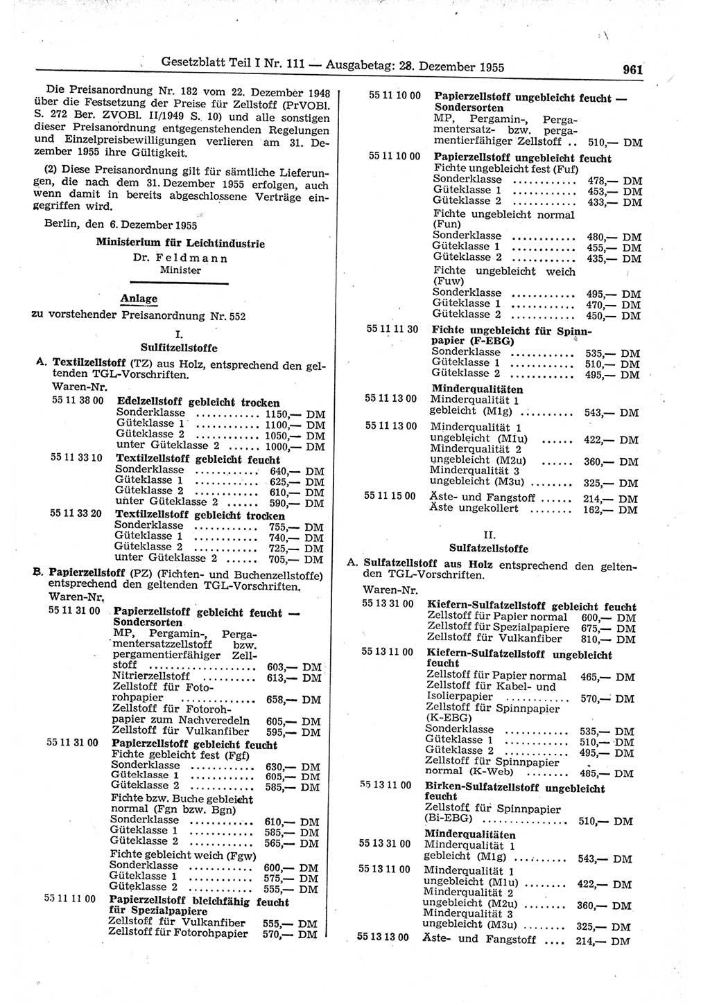 Gesetzblatt (GBl.) der Deutschen Demokratischen Republik (DDR) Teil Ⅰ 1955, Seite 961 (GBl. DDR Ⅰ 1955, S. 961)