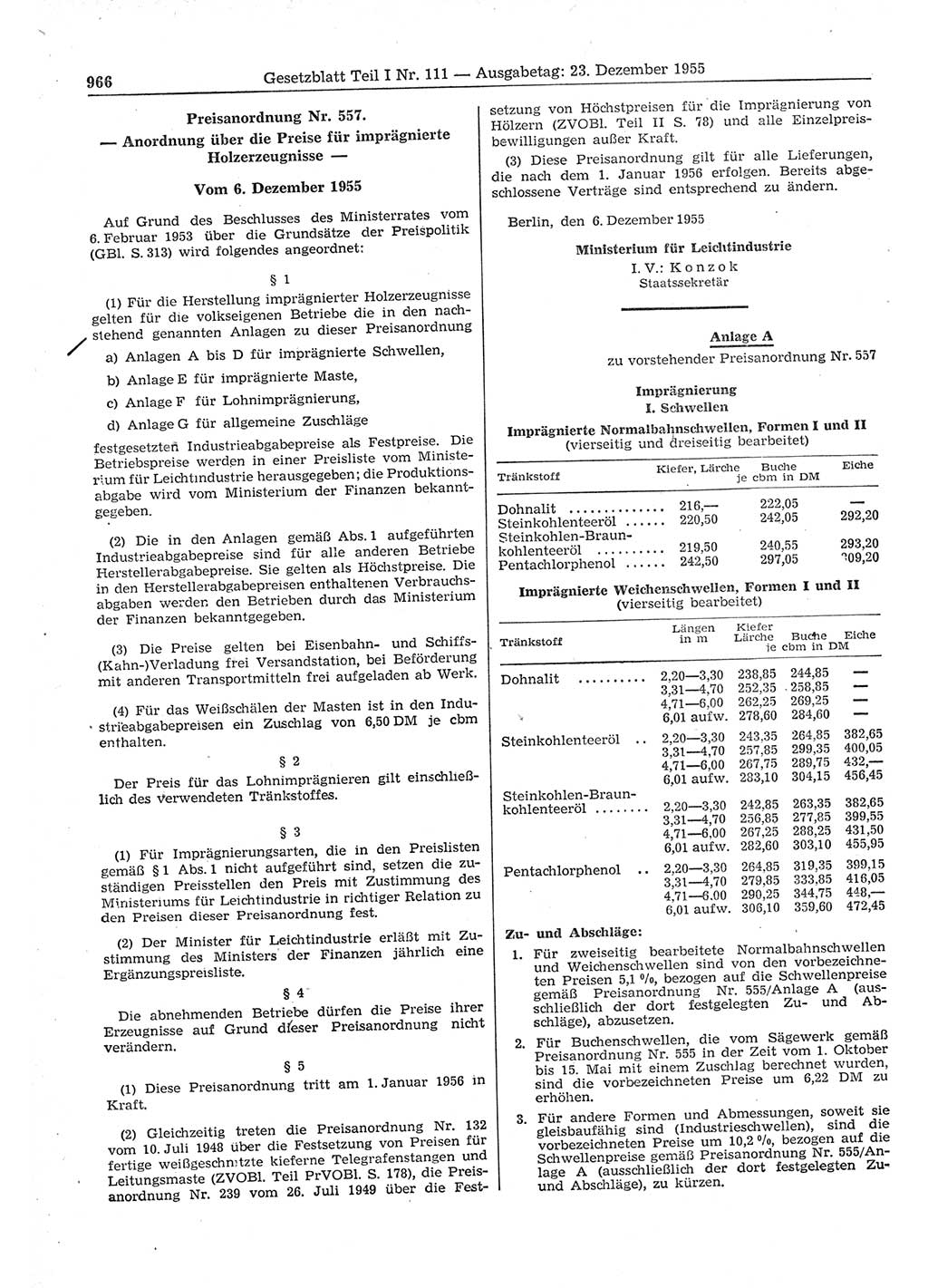 Gesetzblatt (GBl.) der Deutschen Demokratischen Republik (DDR) Teil Ⅰ 1955, Seite 966 (GBl. DDR Ⅰ 1955, S. 966)