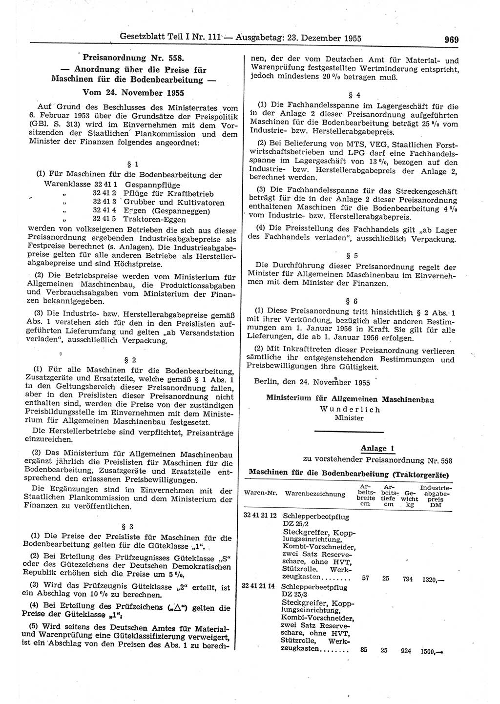 Gesetzblatt (GBl.) der Deutschen Demokratischen Republik (DDR) Teil Ⅰ 1955, Seite 969 (GBl. DDR Ⅰ 1955, S. 969)