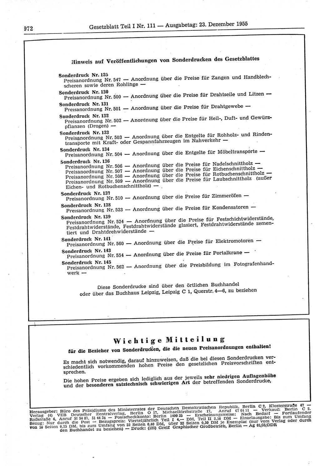 Gesetzblatt (GBl.) der Deutschen Demokratischen Republik (DDR) Teil Ⅰ 1955, Seite 972 (GBl. DDR Ⅰ 1955, S. 972)