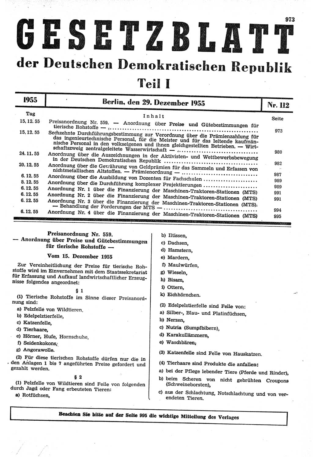 Gesetzblatt (GBl.) der Deutschen Demokratischen Republik (DDR) Teil Ⅰ 1955, Seite 973 (GBl. DDR Ⅰ 1955, S. 973)