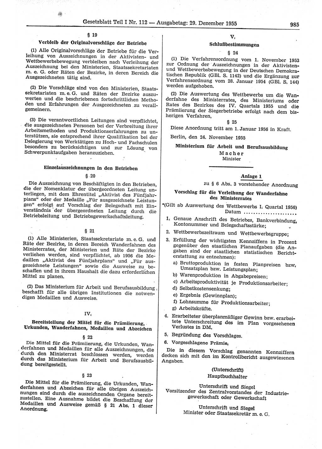 Gesetzblatt (GBl.) der Deutschen Demokratischen Republik (DDR) Teil Ⅰ 1955, Seite 985 (GBl. DDR Ⅰ 1955, S. 985)