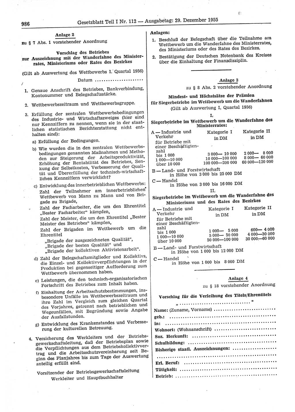 Gesetzblatt (GBl.) der Deutschen Demokratischen Republik (DDR) Teil Ⅰ 1955, Seite 986 (GBl. DDR Ⅰ 1955, S. 986)