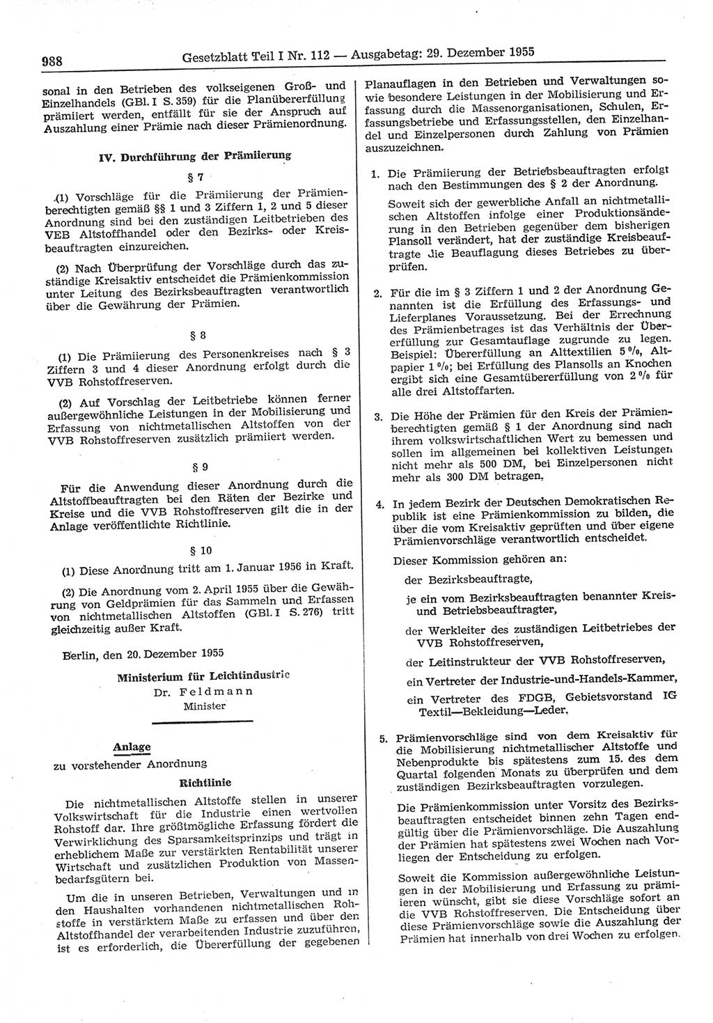 Gesetzblatt (GBl.) der Deutschen Demokratischen Republik (DDR) Teil Ⅰ 1955, Seite 988 (GBl. DDR Ⅰ 1955, S. 988)