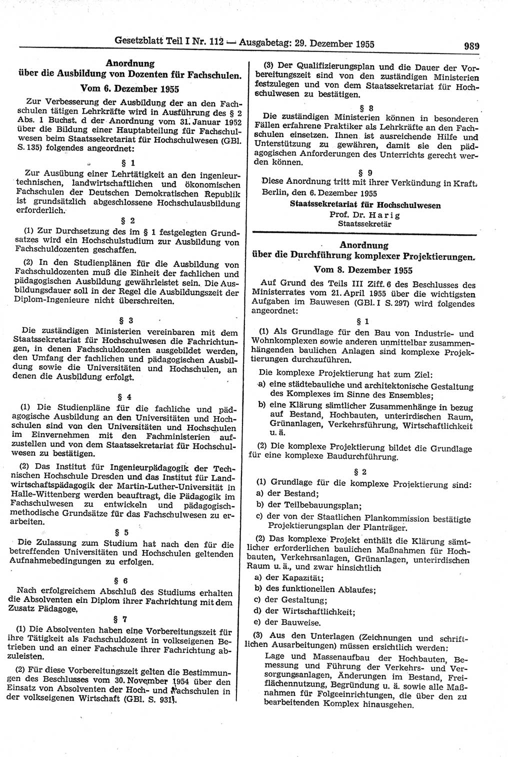 Gesetzblatt (GBl.) der Deutschen Demokratischen Republik (DDR) Teil Ⅰ 1955, Seite 989 (GBl. DDR Ⅰ 1955, S. 989)