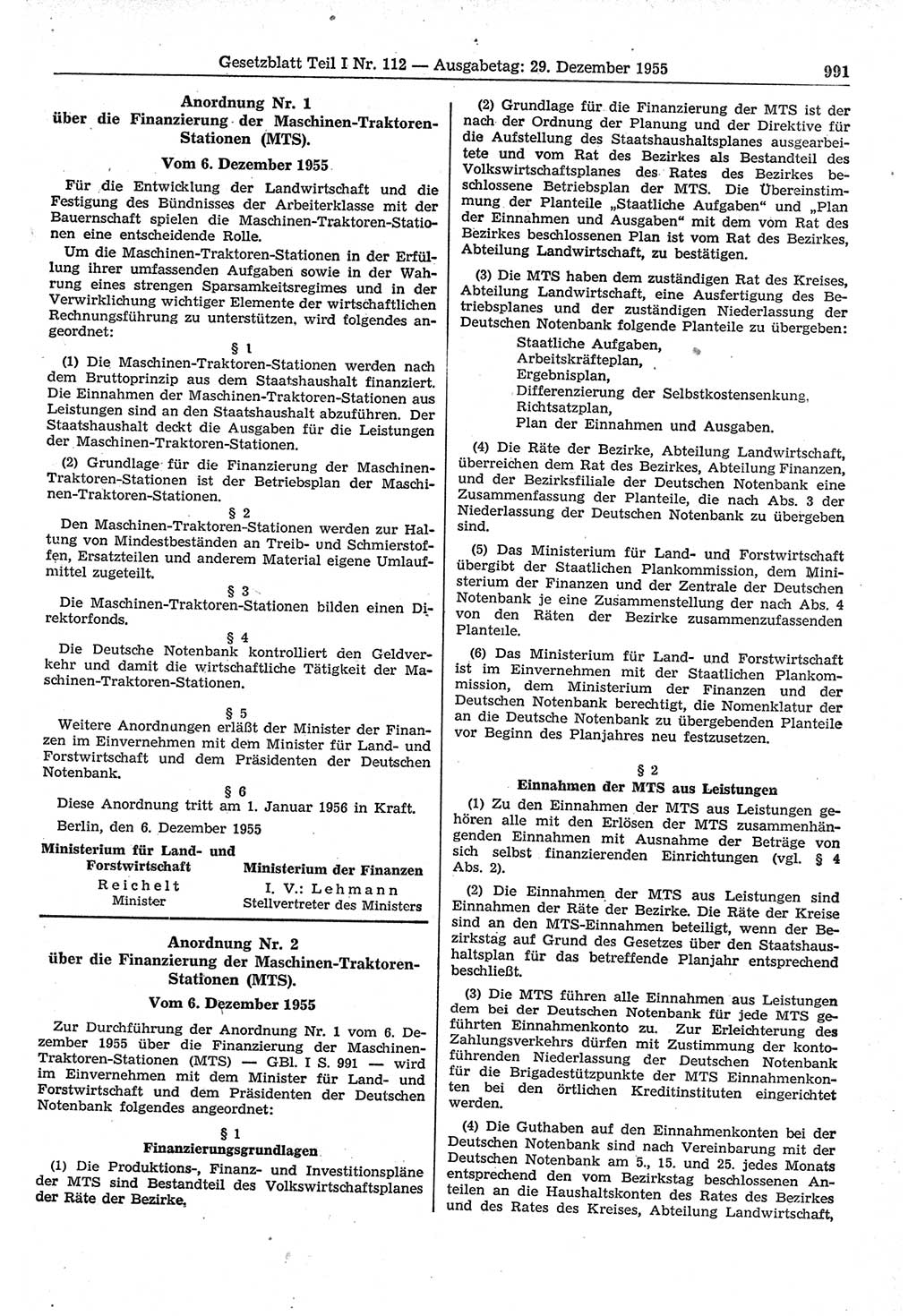 Gesetzblatt (GBl.) der Deutschen Demokratischen Republik (DDR) Teil Ⅰ 1955, Seite 991 (GBl. DDR Ⅰ 1955, S. 991)