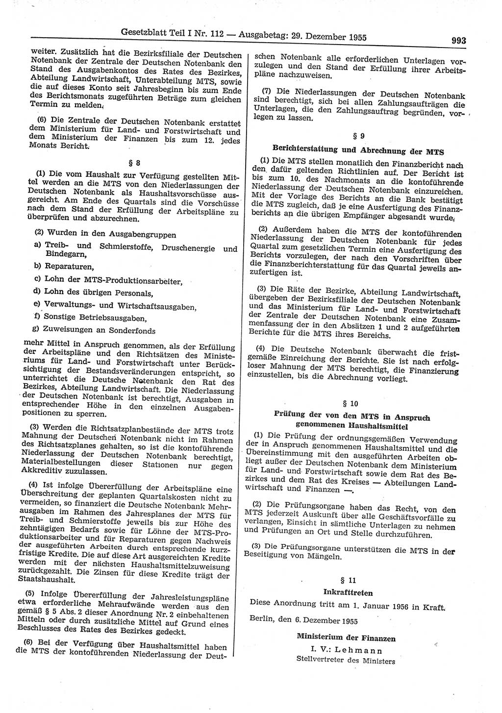 Gesetzblatt (GBl.) der Deutschen Demokratischen Republik (DDR) Teil Ⅰ 1955, Seite 993 (GBl. DDR Ⅰ 1955, S. 993)