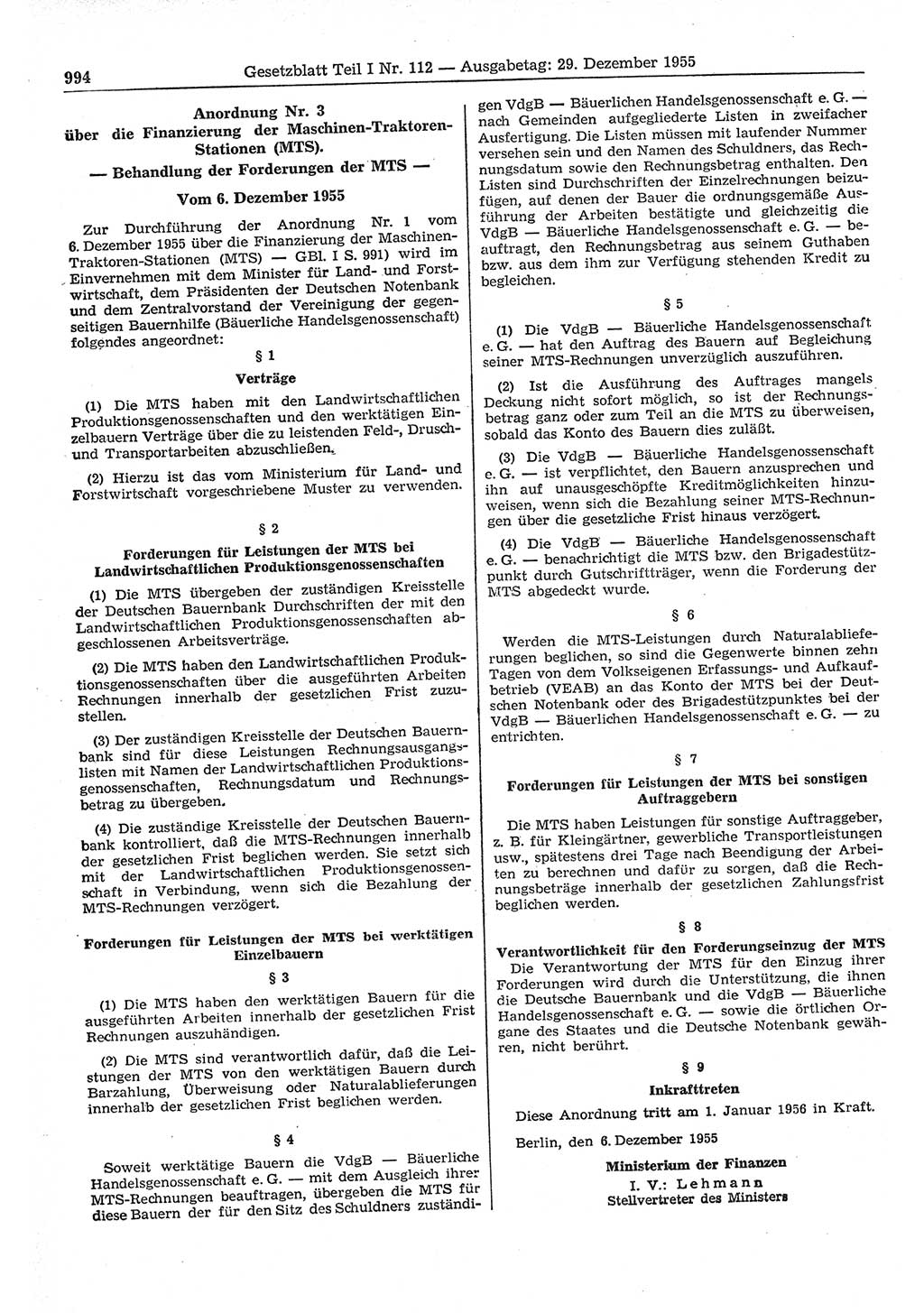 Gesetzblatt (GBl.) der Deutschen Demokratischen Republik (DDR) Teil Ⅰ 1955, Seite 994 (GBl. DDR Ⅰ 1955, S. 994)