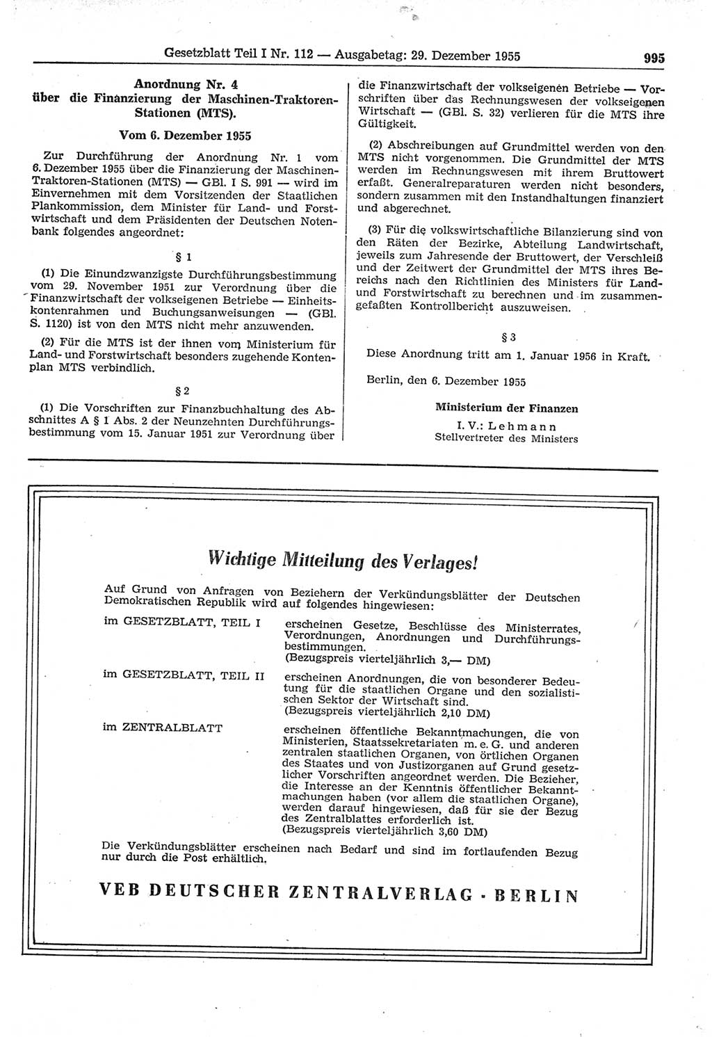 Gesetzblatt (GBl.) der Deutschen Demokratischen Republik (DDR) Teil Ⅰ 1955, Seite 995 (GBl. DDR Ⅰ 1955, S. 995)