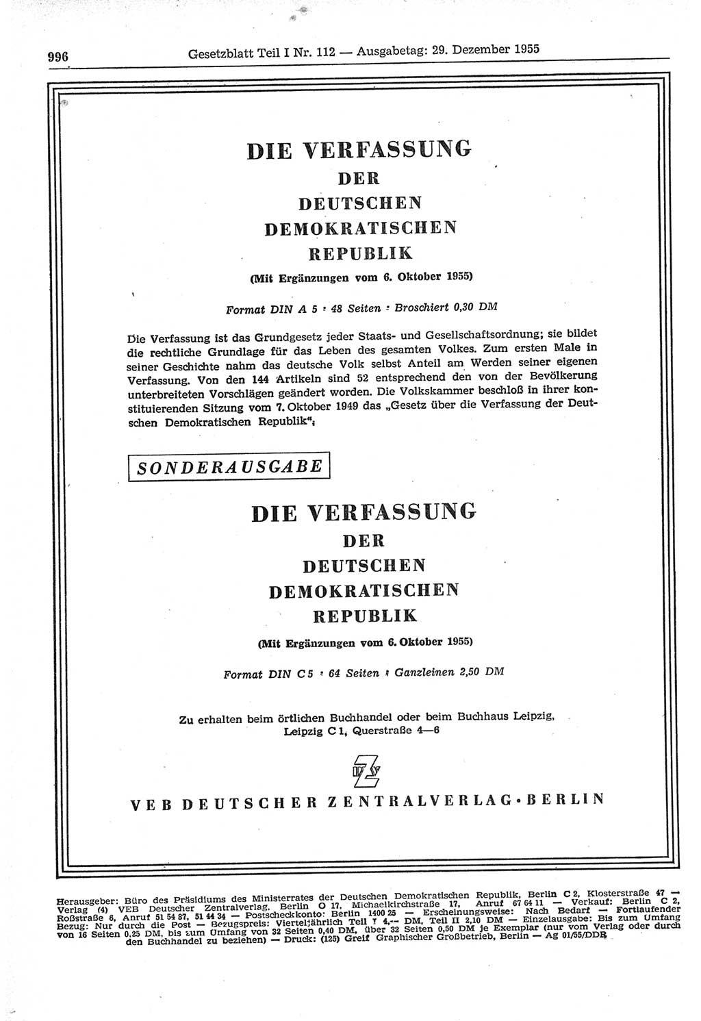 Gesetzblatt (GBl.) der Deutschen Demokratischen Republik (DDR) Teil Ⅰ 1955, Seite 996 (GBl. DDR Ⅰ 1955, S. 996)