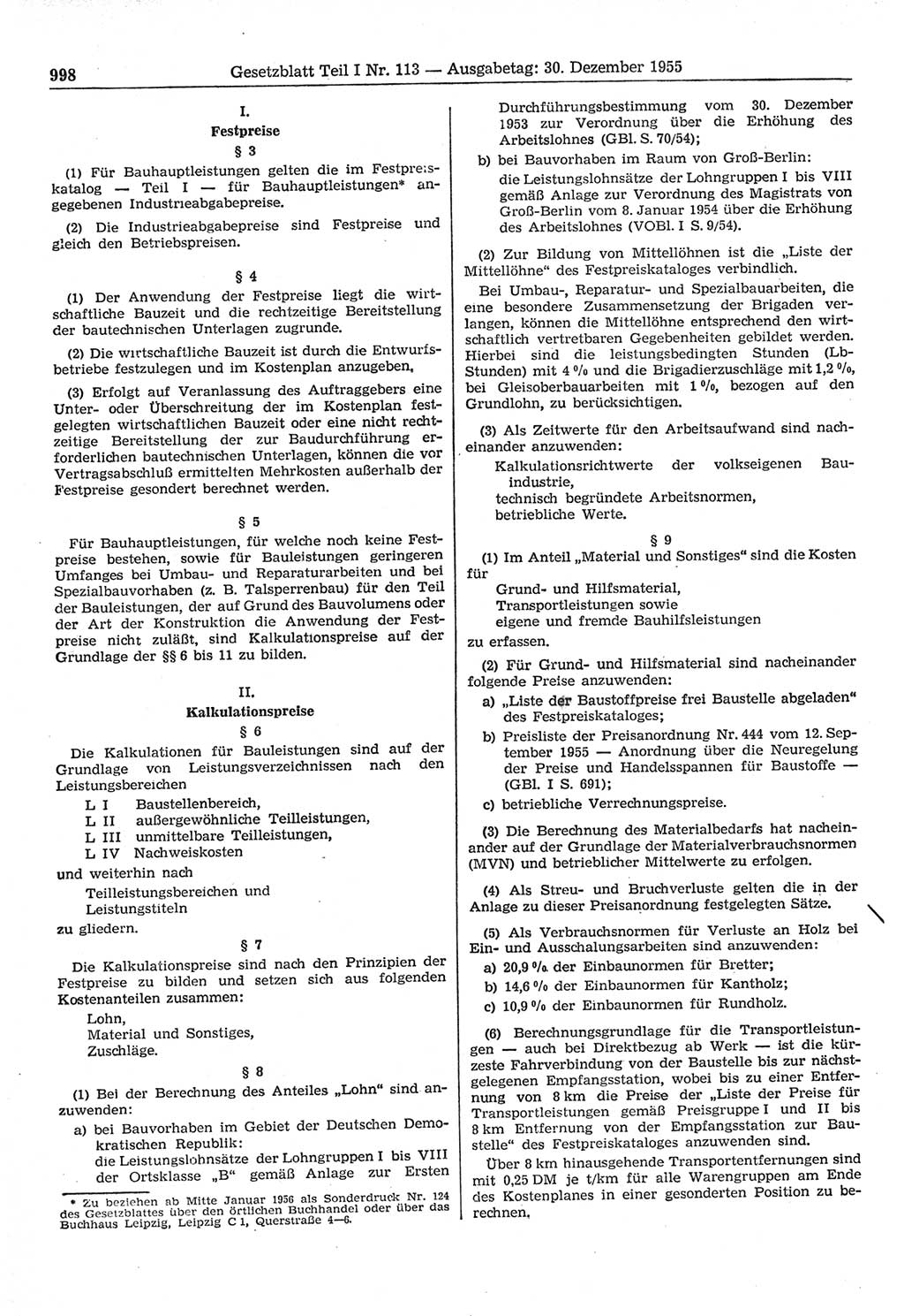 Gesetzblatt (GBl.) der Deutschen Demokratischen Republik (DDR) Teil Ⅰ 1955, Seite 998 (GBl. DDR Ⅰ 1955, S. 998)