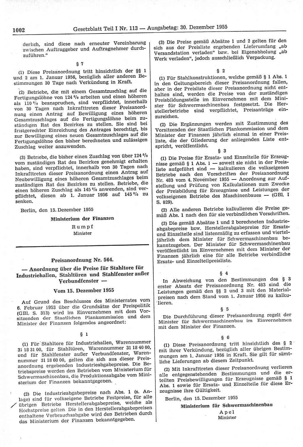 Gesetzblatt (GBl.) der Deutschen Demokratischen Republik (DDR) Teil Ⅰ 1955, Seite 1002 (GBl. DDR Ⅰ 1955, S. 1002)