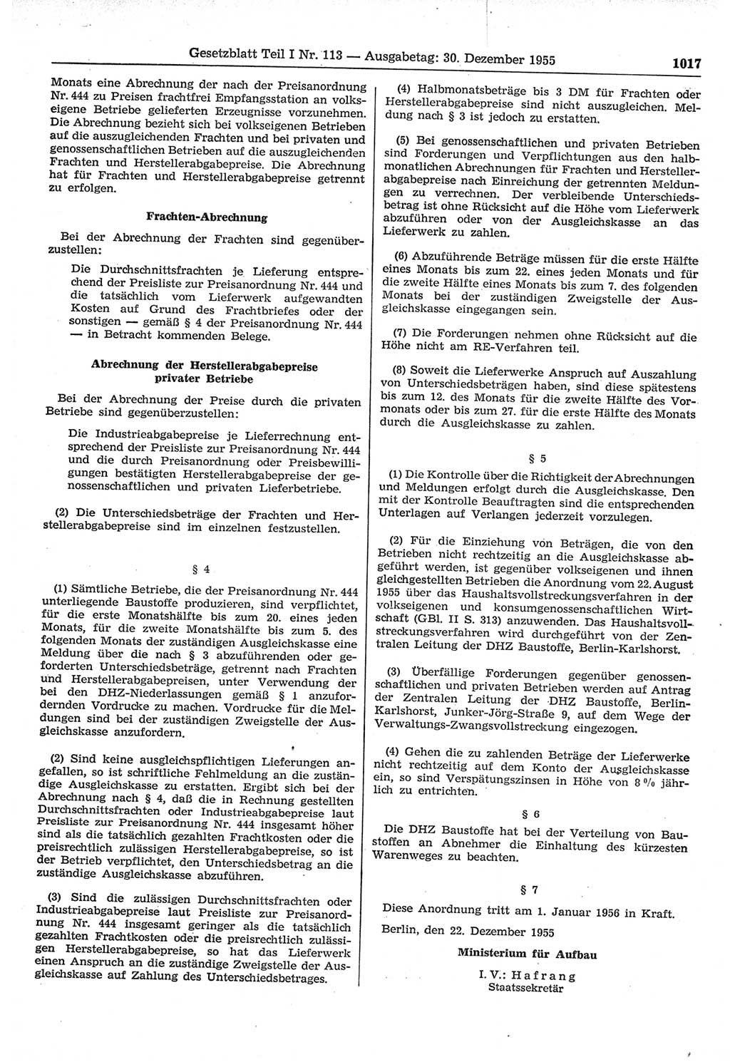 Gesetzblatt (GBl.) der Deutschen Demokratischen Republik (DDR) Teil Ⅰ 1955, Seite 1017 (GBl. DDR Ⅰ 1955, S. 1017)