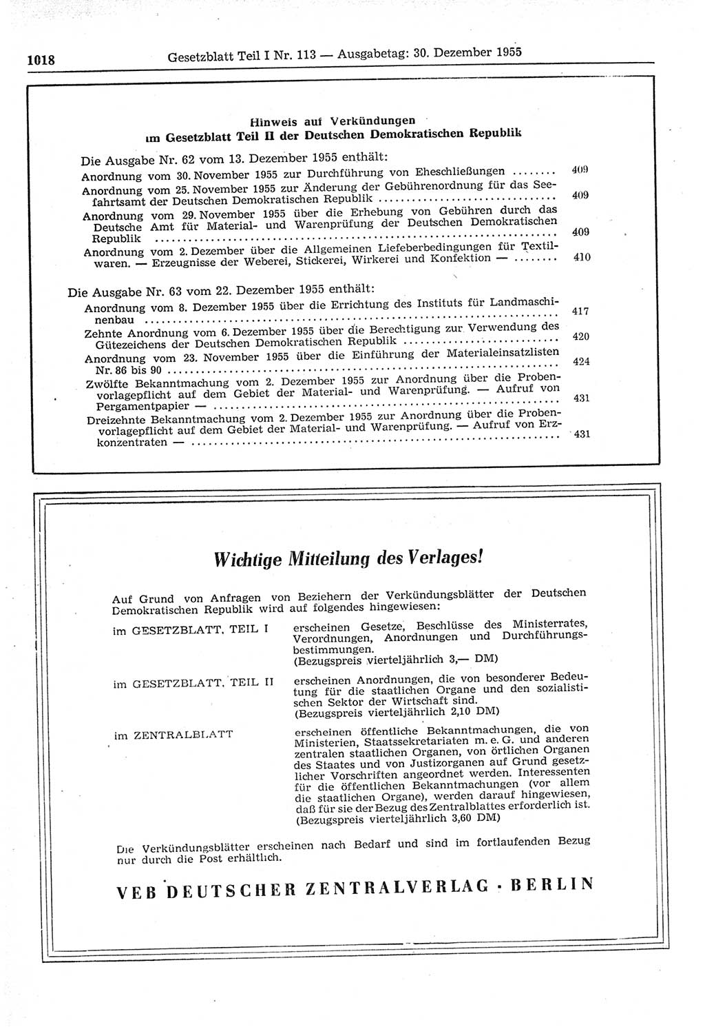 Gesetzblatt (GBl.) der Deutschen Demokratischen Republik (DDR) Teil Ⅰ 1955, Seite 1018 (GBl. DDR Ⅰ 1955, S. 1018)