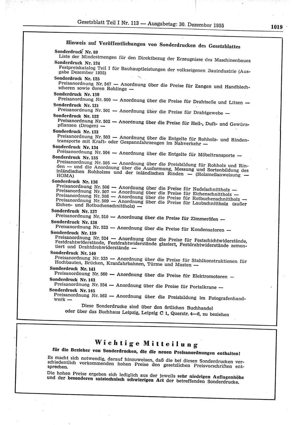 Gesetzblatt (GBl.) der Deutschen Demokratischen Republik (DDR) Teil Ⅰ 1955, Seite 1019 (GBl. DDR Ⅰ 1955, S. 1019)